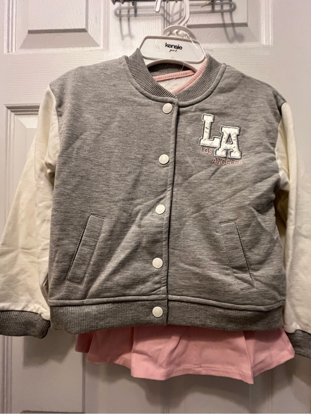 NWT KenzieGirl Grey & White Kids Varsity Jacket with Pink Skort 3 Pc SET